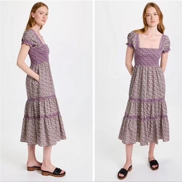 O.P.T Sz S Daphne Tiered Smocked Bodice Pocket Midi Dress Purple Cottagecore - Picture 1 of 12